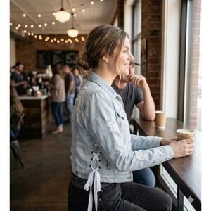 POL Lace Up Side Distressed Cropped Denim Jacket Light Washed Size Medium